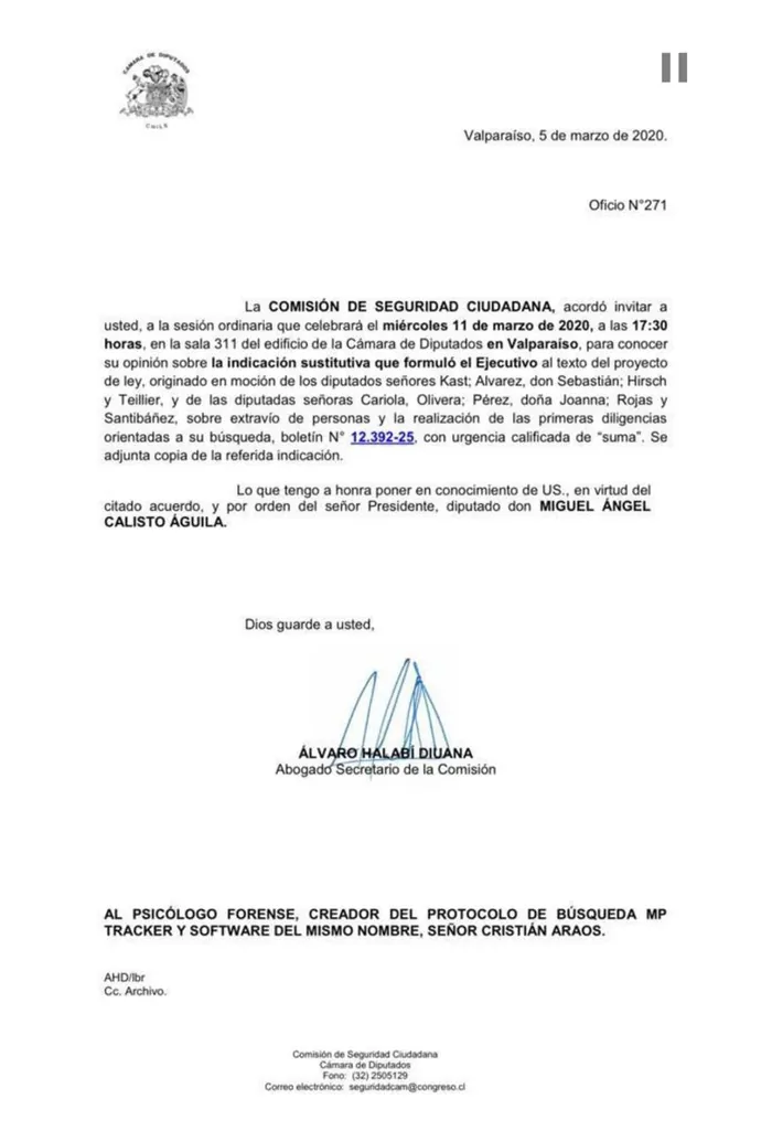 Official Letter No. 271 of 2020 from the Citizen Security Committee of Chile's Chamber of Deputies to Cristián Araos Díaz, creator of the MP-Tracker protocol and software